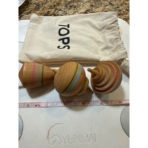 Wooden Spinning Tops Set with Cloth Bag, Colorful Striped Wood Toys